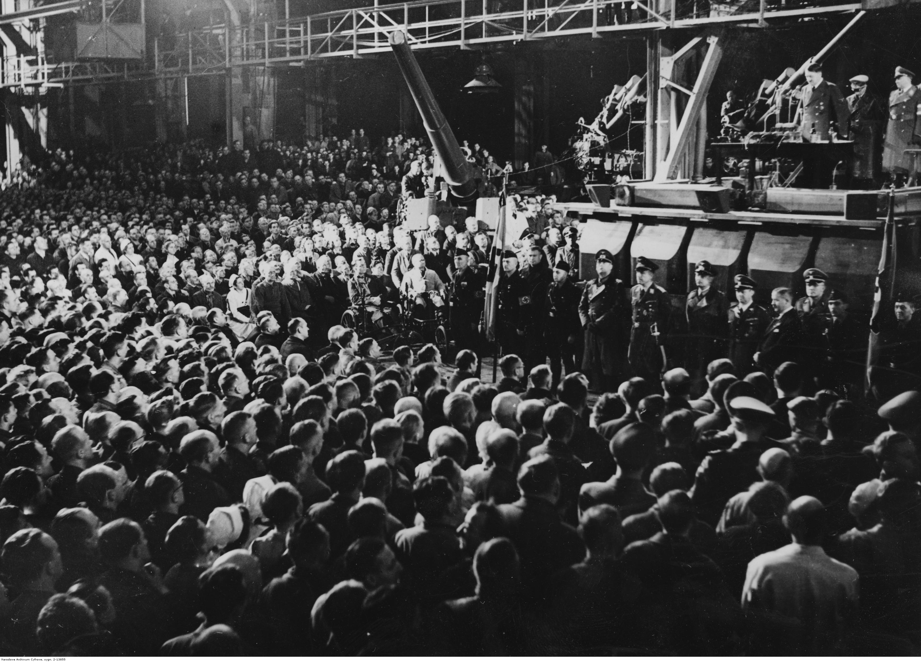 Adolf Hitler gives a speech in Krupp factory